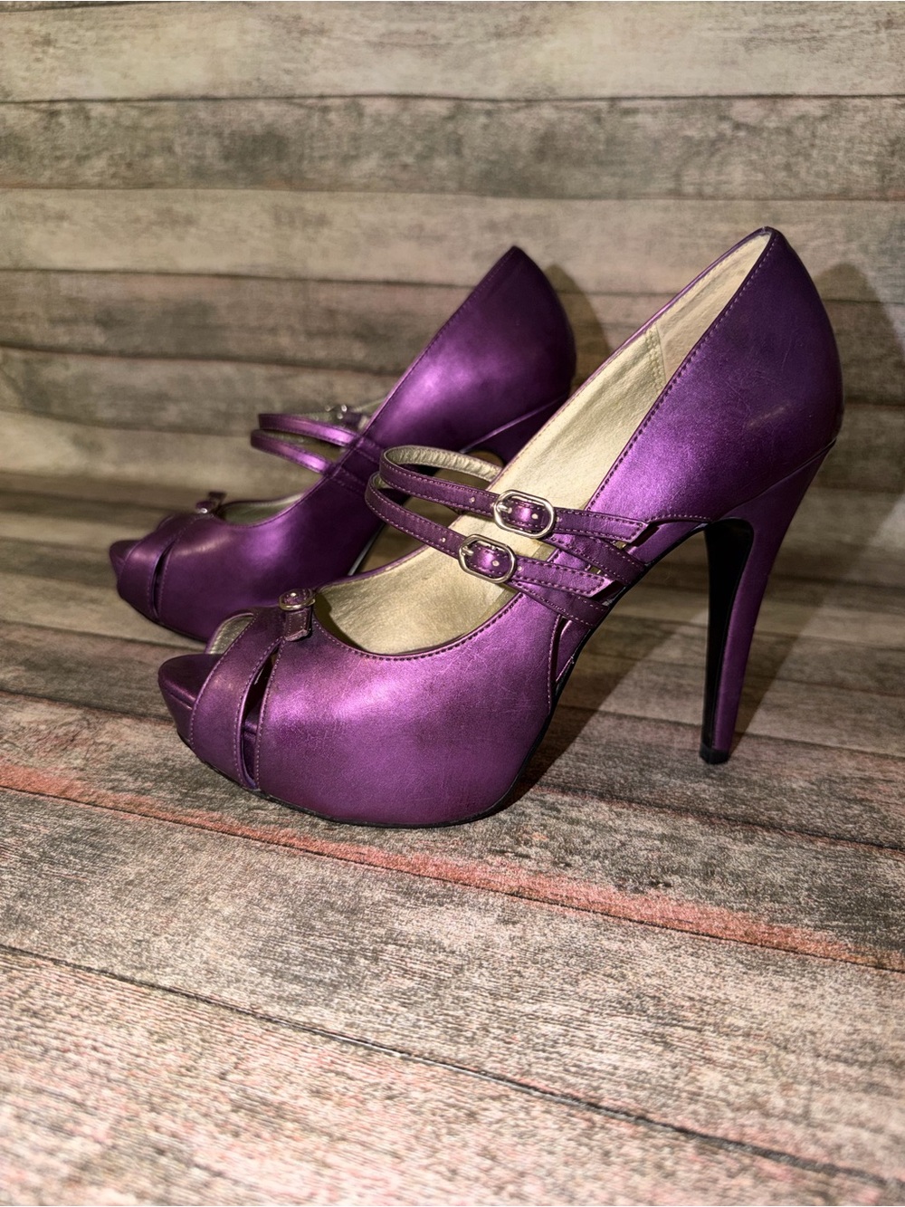 Bakers Purple Peep-Toe Double-Strap High Heels
